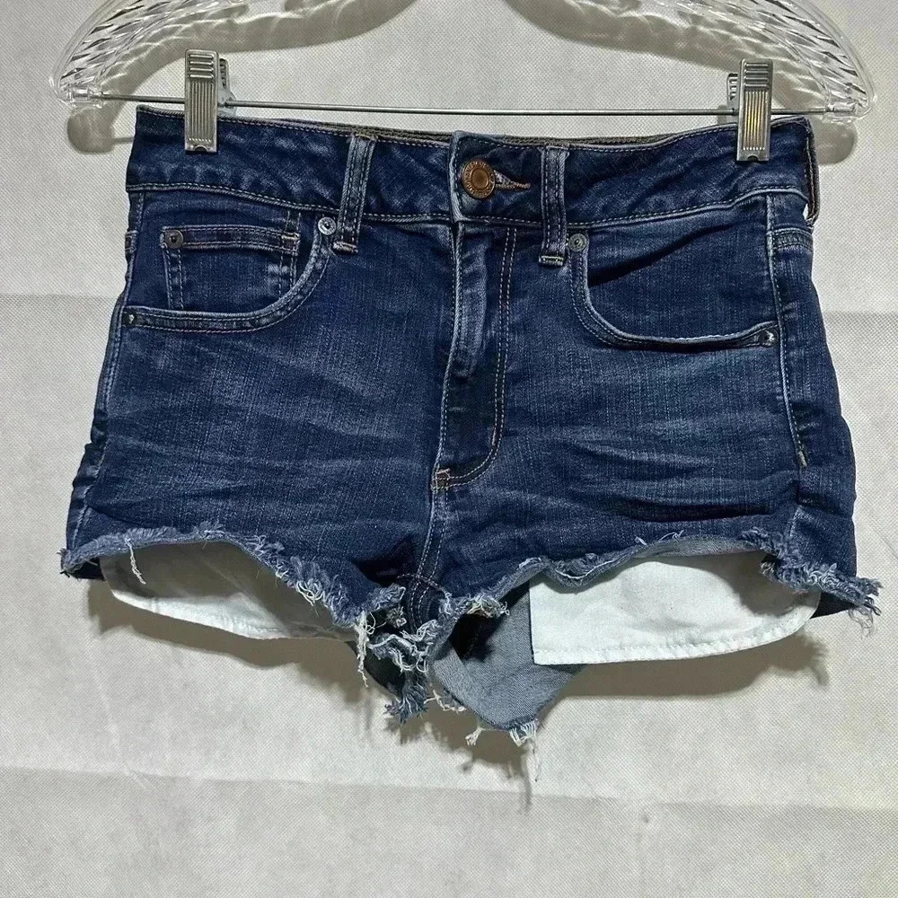 American Eagle Women 6 Hi-Rise Shortie Denim Jean Shorts Cut Off Super Stretch